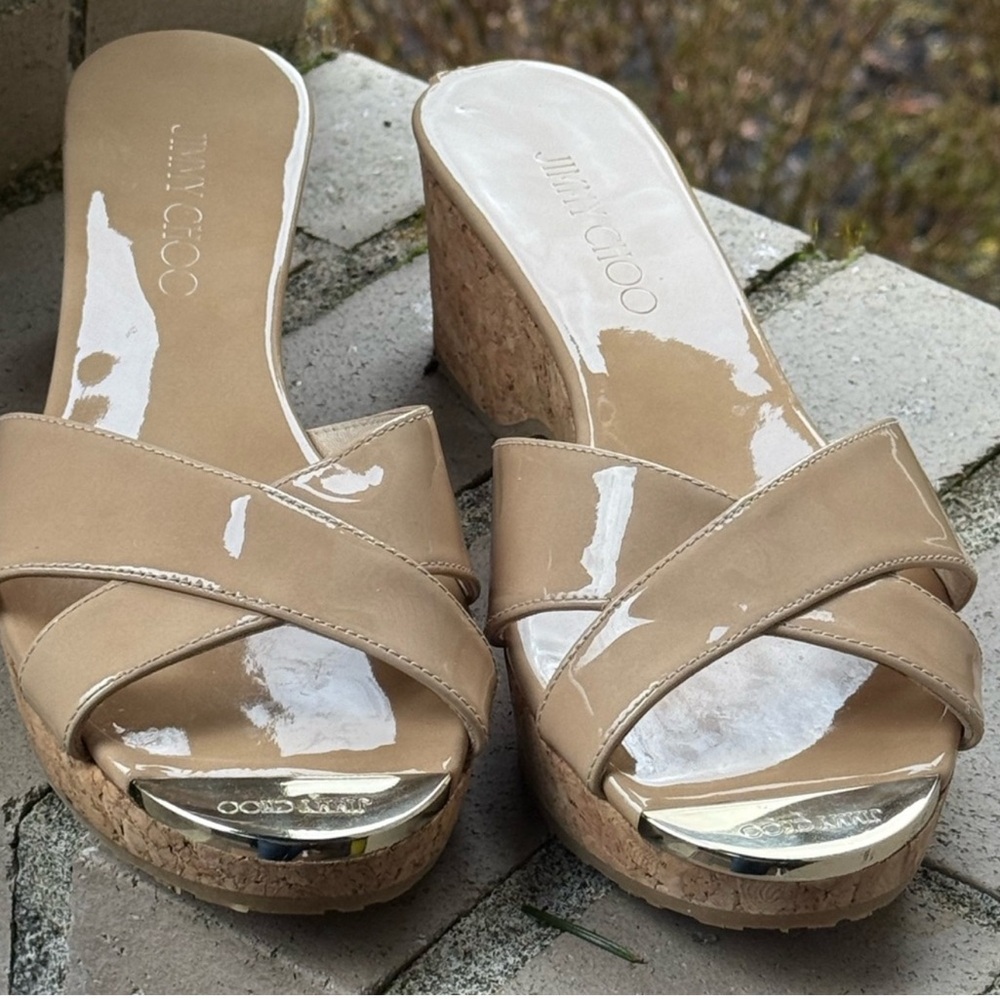 Jimmy Choo Beige Patent Leather Wedge Sandals size 7 1/2 pretty